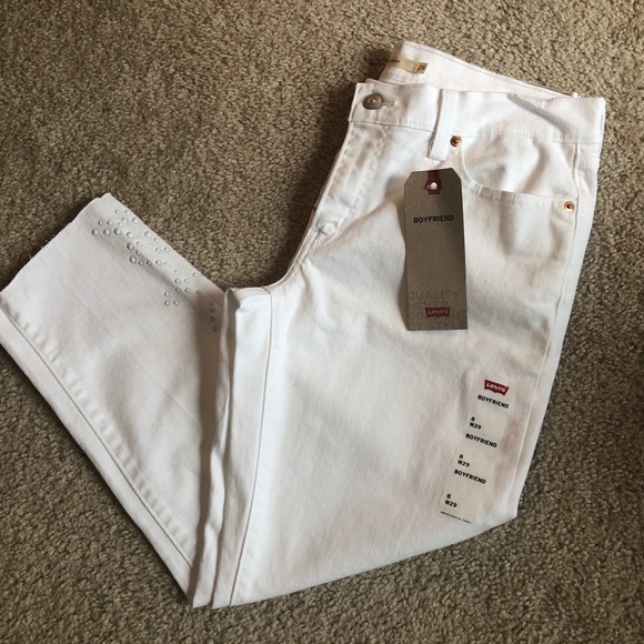 Levi’s boyfriend white crop studded jeans denim pants fringe 10 - Picture 3 of 10